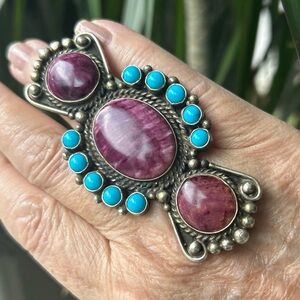 Statement Cluster Turquoise Purple Spiny Navajo Sterling Silver Ring Sz 7.75